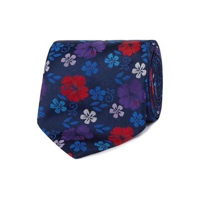 Navy floral patterned pure silk tie